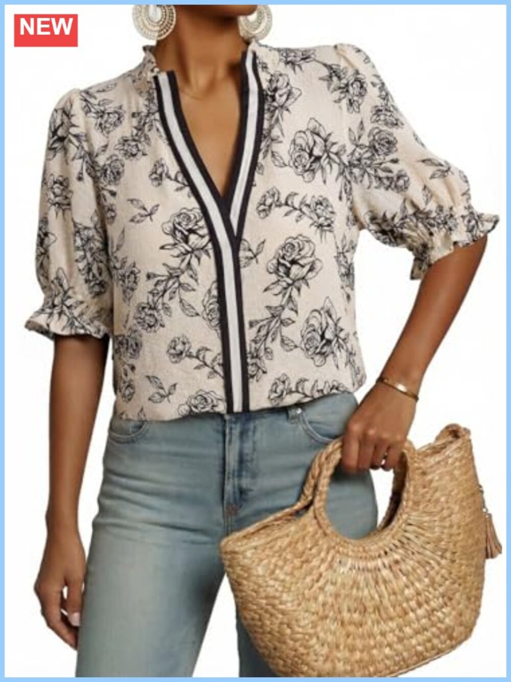 Womens Boho Floral Ruffle Puff Short Sleeve V Neck Blouse Top